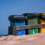 garbage can, disposal, sand, desert, beach, recycling, recycle, garbage, waste, environment, environmental protection, waste separation, nature, paper bin, paper, plastic, ecology, waste paper, plastic waste, pollution, trash bag