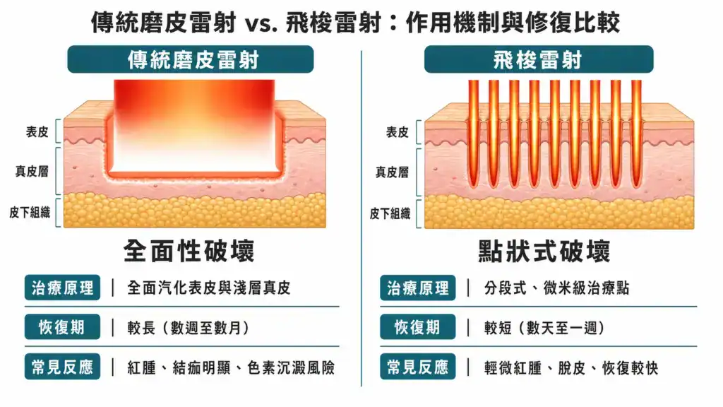 傳統磨皮雷射與飛梭雷射作用機制、治療深度及恢復期比較圖