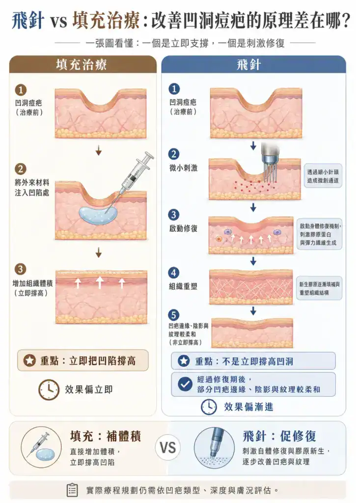 飛針原理圖：比較飛針與填充治療改善凹洞痘疤的方式